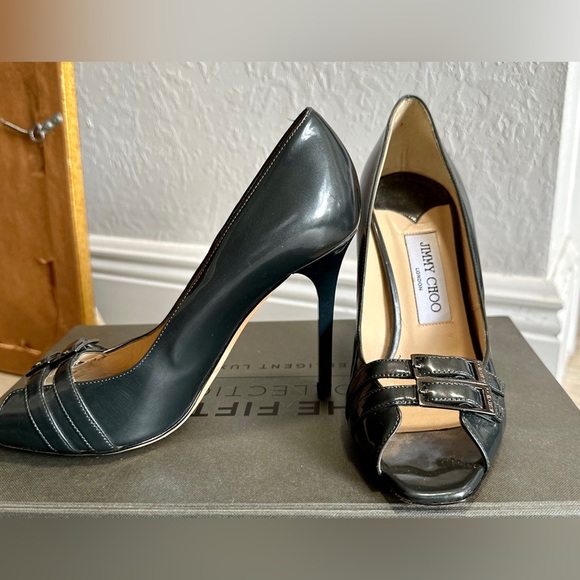 Jimmy Choo Metallic Gray Patent Leather Double Buckle Pumps - Picture 3 of 15